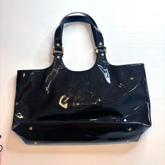Tory Burch Perforated Logo Black Patent Leather Bombe Large Tote Handbag Purse - Picture 4 of 10